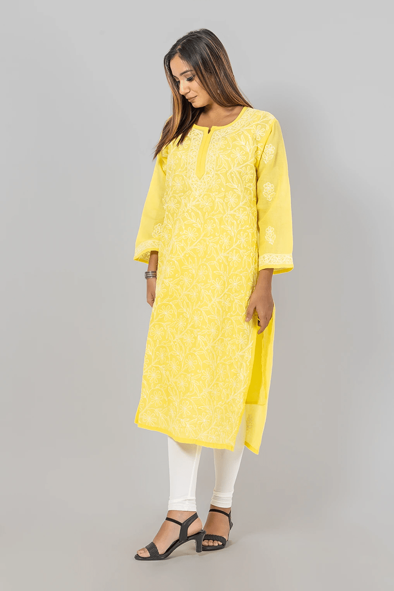 Fabnuma Handcrafted  Chikankari Yellow Cotton Kurti - Fabnuma