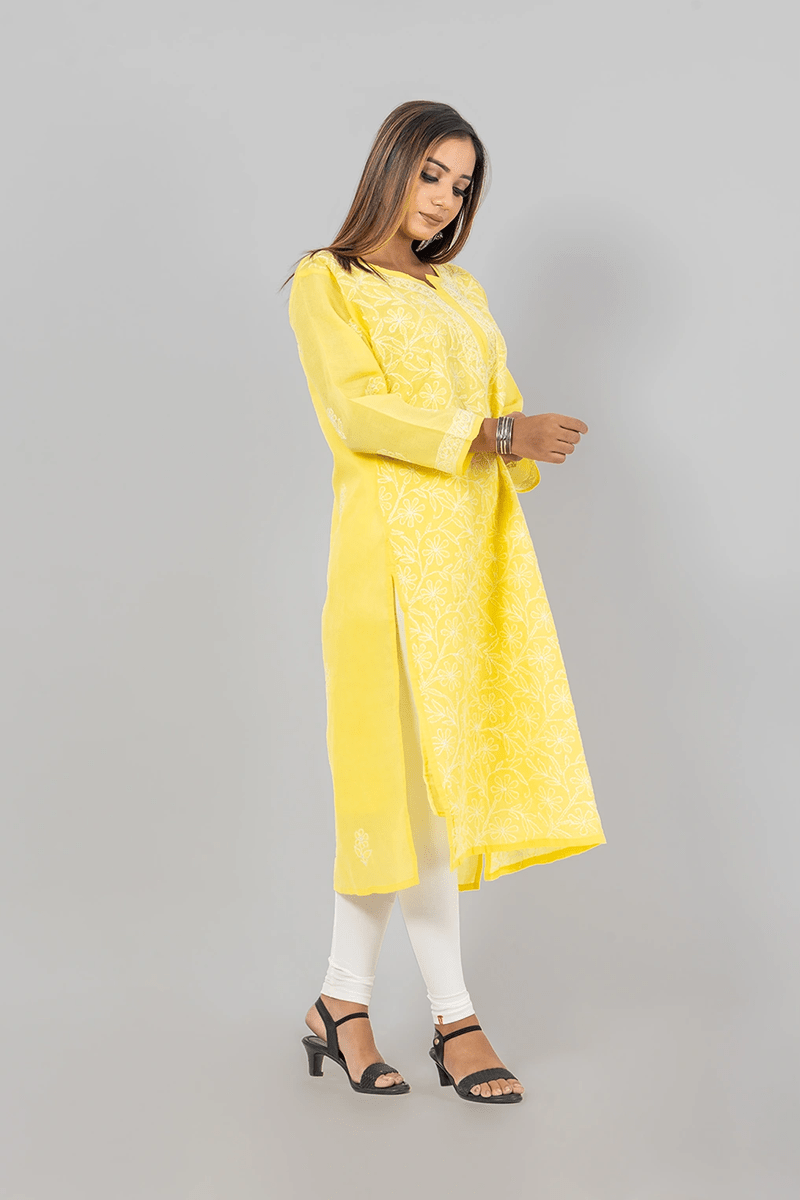 Fabnuma Handcrafted  Chikankari Yellow Cotton Kurti - Fabnuma