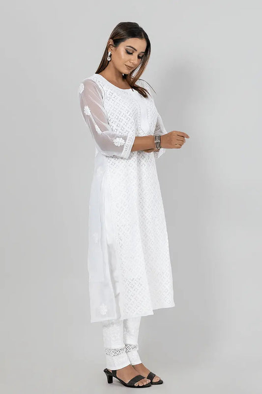 Memaana Handcrafted Chikankari Kurti White Georgette Front Jaal - Memaana