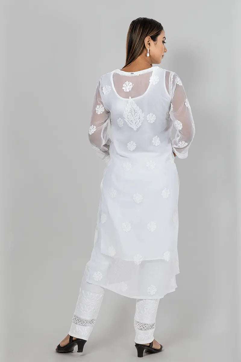 Memaana Handcrafted Chikankari Kurti White Georgette Front Jaal - Memaana