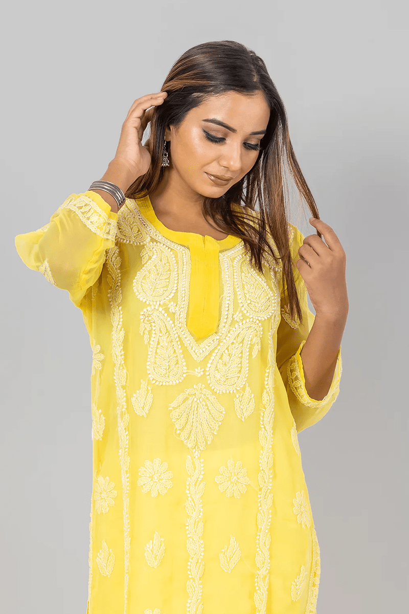Fabnuma Handcrafted  Chikankari Yellow Georgette Kurti - Fabnuma