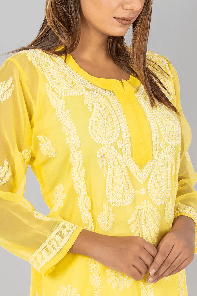 Fabnuma Handcrafted  Chikankari Yellow Georgette Kurti - Fabnuma
