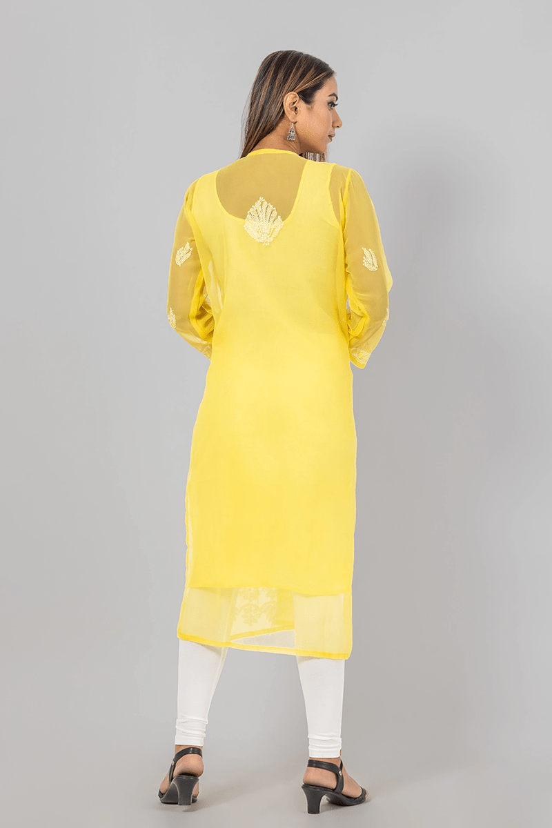 Fabnuma Handcrafted  Chikankari Yellow Georgette Kurti - Fabnuma
