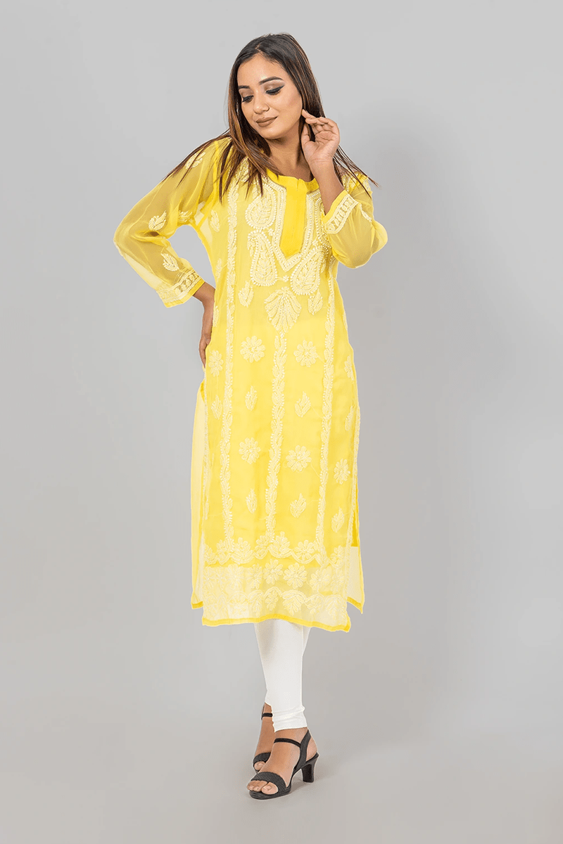 Fabnuma Handcrafted  Chikankari Yellow Georgette Kurti - Fabnuma