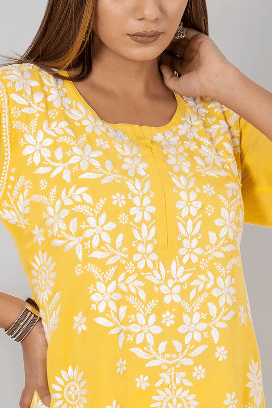 Fabnuma Handcrafted Chikankari Yellow Rayon Cotton Kurti - Fabnuma
