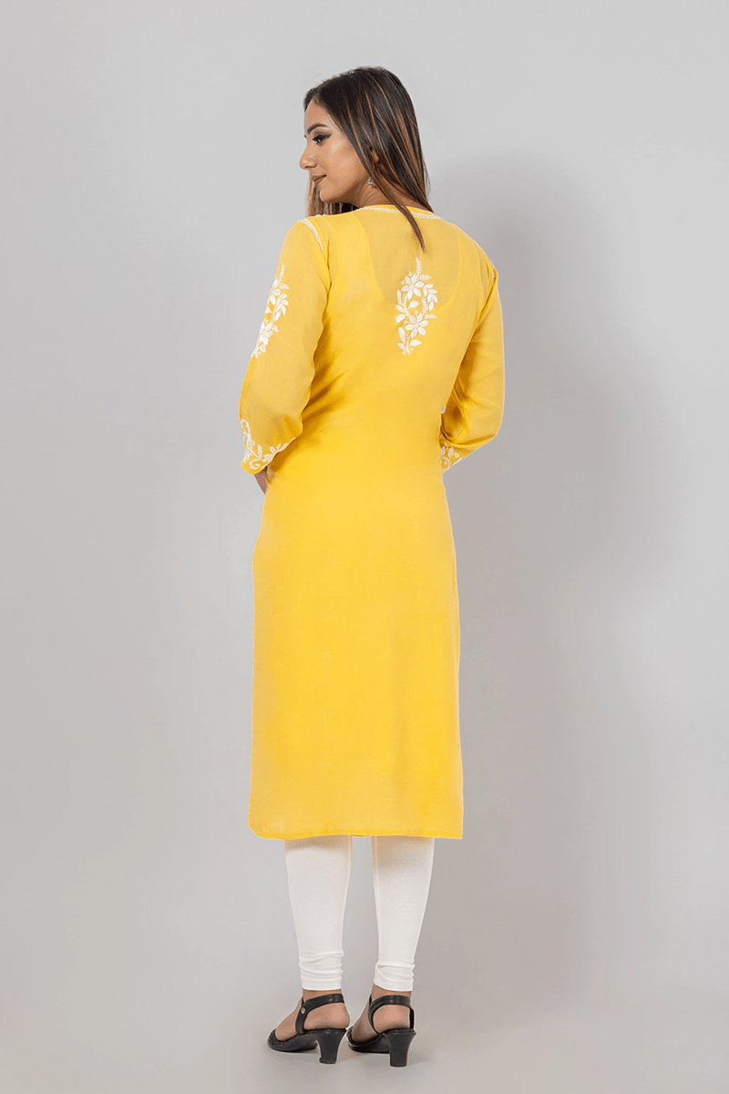 Fabnuma Handcrafted  Chikankari Yellow Rayon Cotton Kurti - Fabnuma
