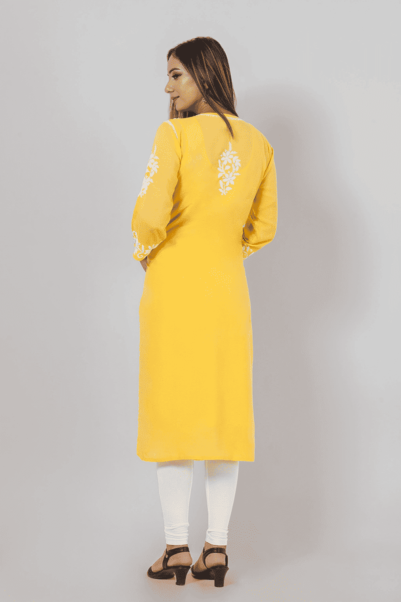 Fabnuma Handcrafted Chikankari Yellow Rayon Cotton Kurti - Fabnuma