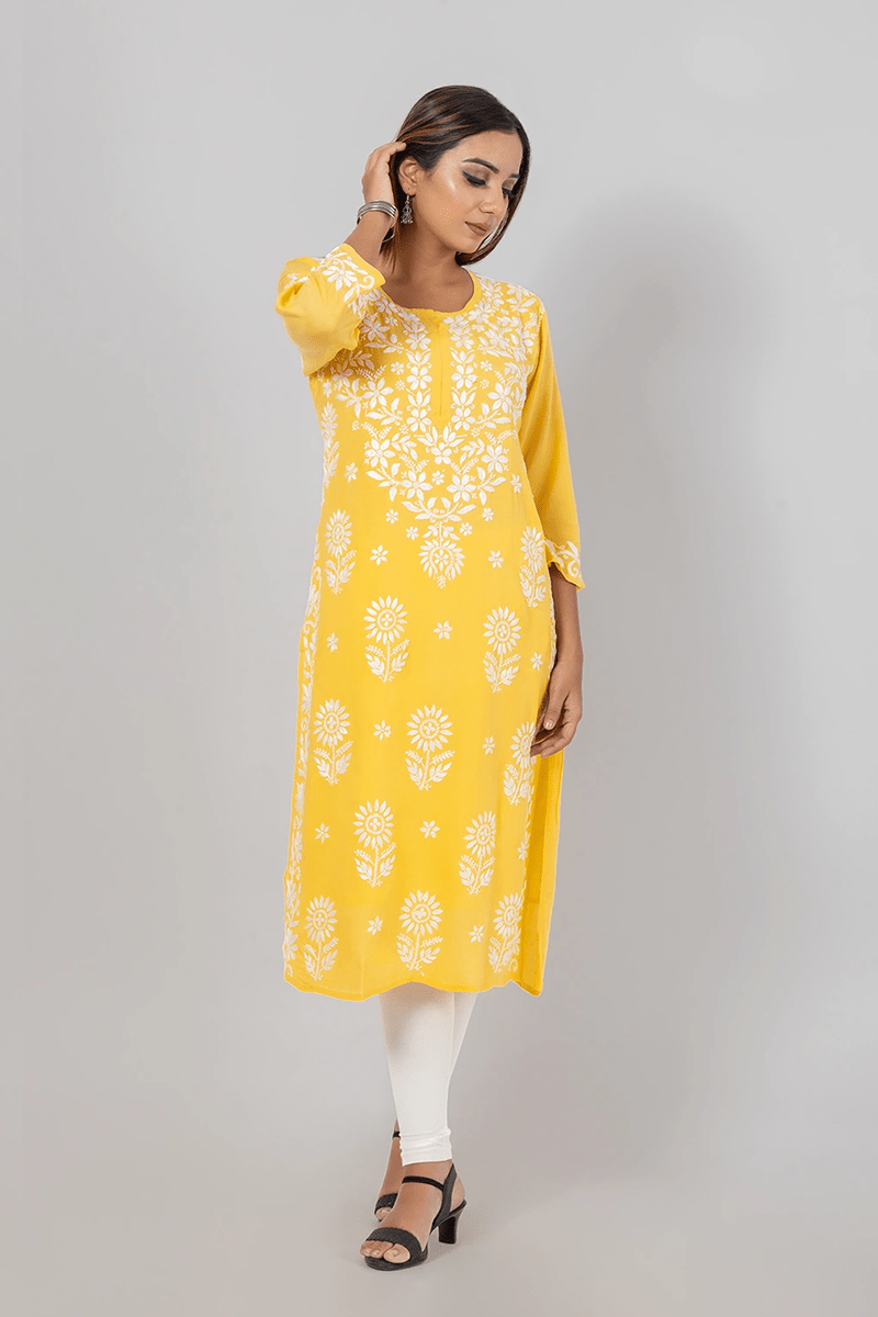 Fabnuma Handcrafted  Chikankari Yellow Rayon Cotton Kurti - Fabnuma