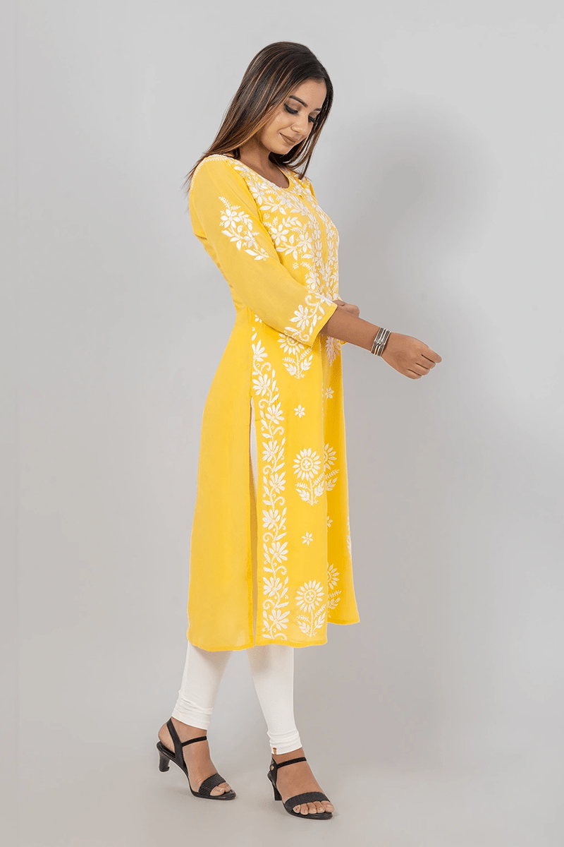 Fabnuma Handcrafted  Chikankari Yellow Rayon Cotton Kurti - Fabnuma