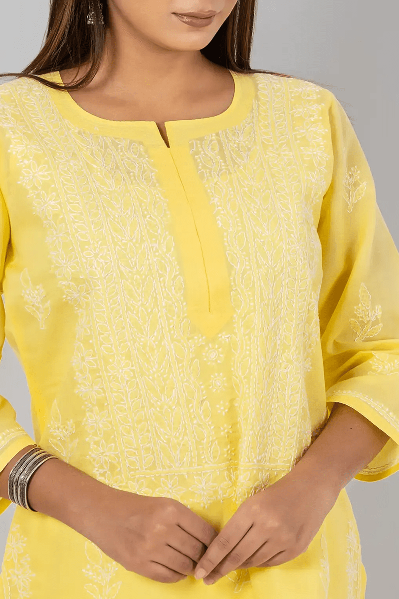 Fabnuma Handcrafted  Chikankari Yellow Cotton Kurti - Fabnuma