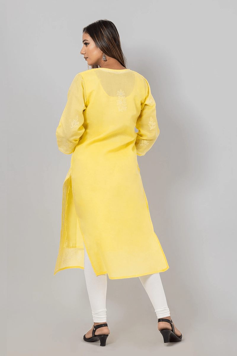 Fabnuma Handcrafted  Chikankari Yellow Cotton Kurti - Fabnuma