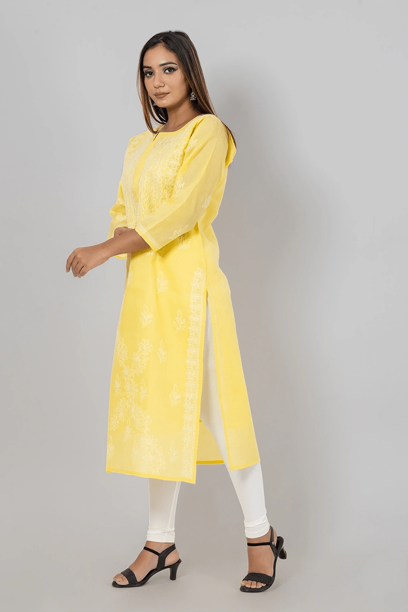 Fabnuma Handcrafted  Chikankari Yellow Cotton Kurti - Fabnuma