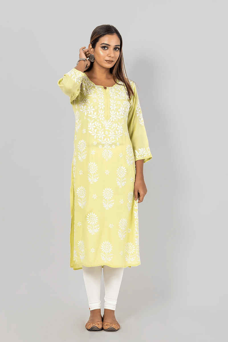 Fabnuma Handcrafted  Chikankari Lemon Rayon Cotton Kurti - Fabnuma