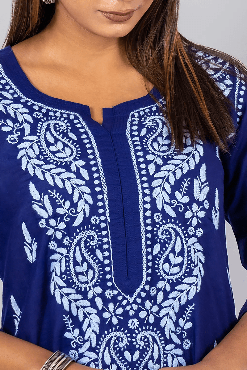 Fabnuma Handcrafted  Chikankari Blue Cotton Kurti - Fabnuma