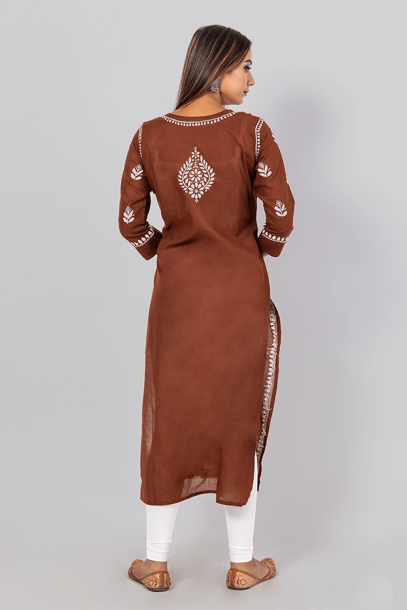 Fabnuma Handcrafted  Chikankari Brown Cotton Kurti - Fabnuma