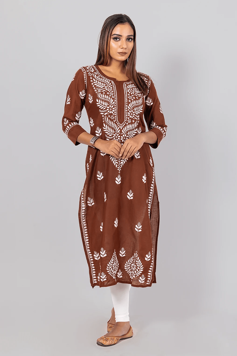 Fabnuma Handcrafted  Chikankari Brown Cotton Kurti - Fabnuma