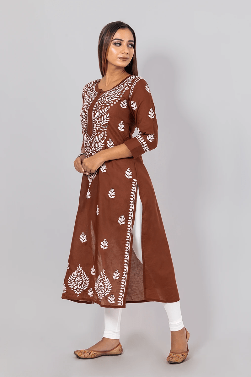 Fabnuma Handcrafted  Chikankari Brown Cotton Kurti - Fabnuma