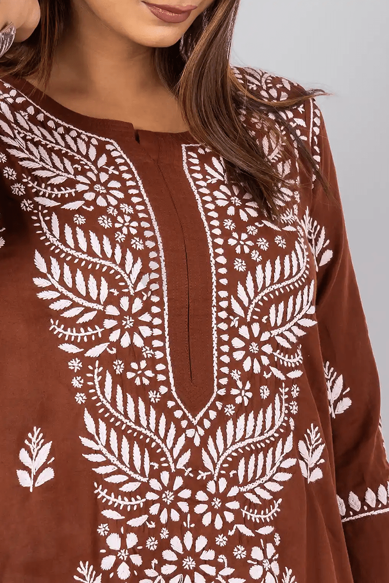 Fabnuma Handcrafted  Chikankari Brown Cotton Kurti - Fabnuma