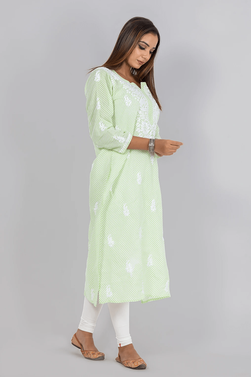 Fabnuma Handcrafted  Chikankari Mint Green Cotton Kurti - Fabnuma