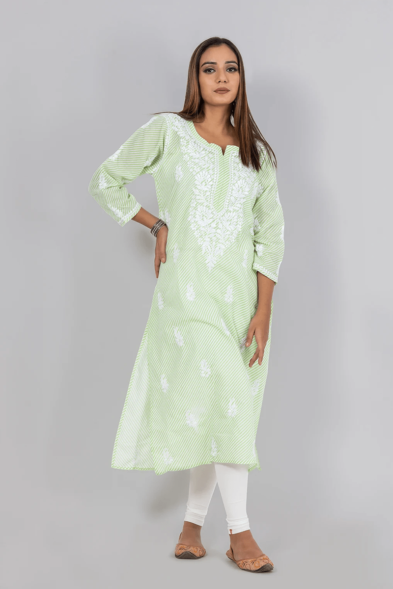 Fabnuma Handcrafted  Chikankari Mint Green Cotton Kurti - Fabnuma