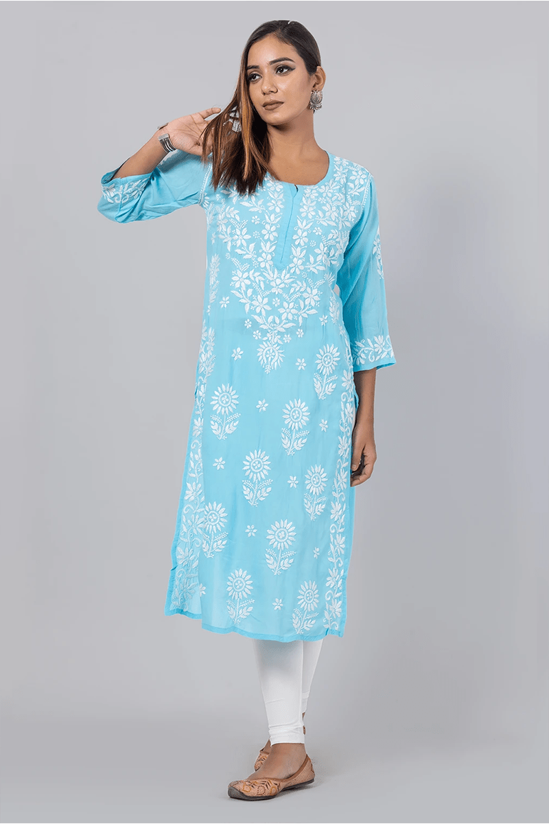 Fabnuma Handcrafted  Chikankari Sky Blue Rayon Cotton Kurti - Fabnuma