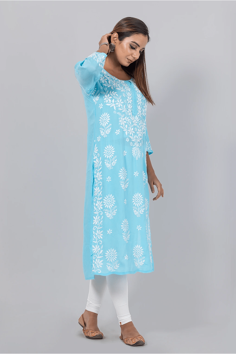 Fabnuma Handcrafted  Chikankari Sky Blue Rayon Cotton Kurti - Fabnuma