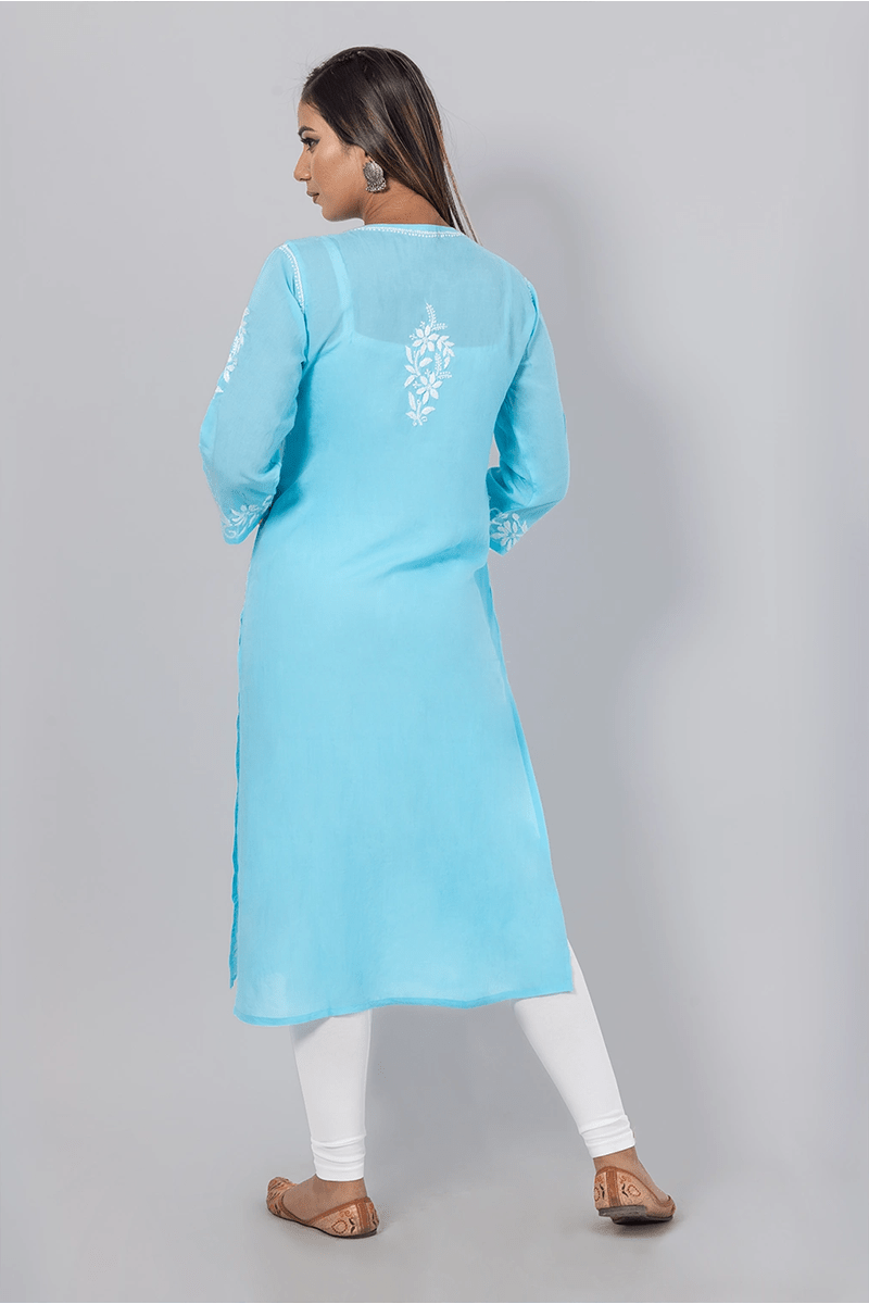 Fabnuma Handcrafted  Chikankari Sky Blue Rayon Cotton Kurti - Fabnuma