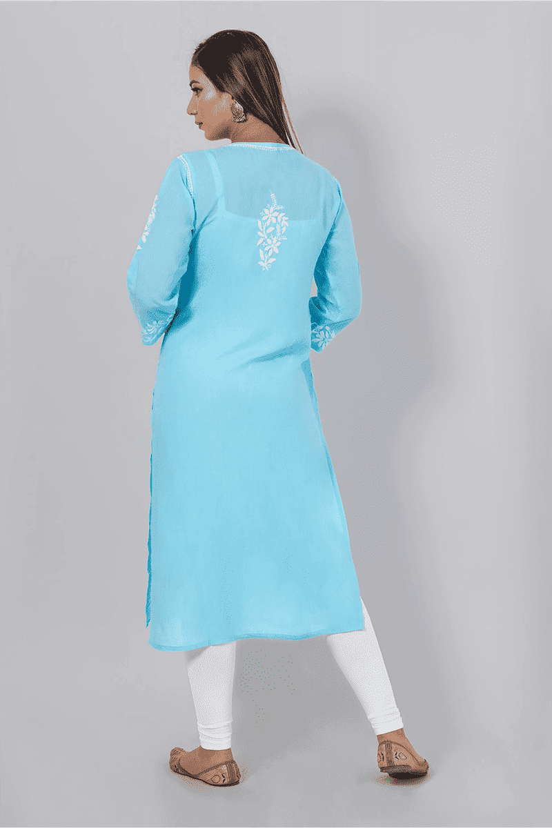 Fabnuma Handcrafted Chikankari Sky Blue Rayon Cotton Kurti - Fabnuma