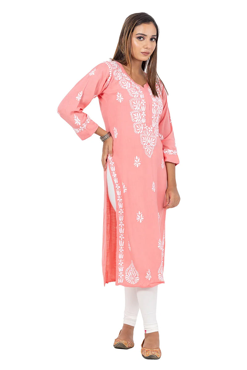 Fabnuma Handcrafted  Peach Chikankari Rayon Cotton Kurti - Fabnuma