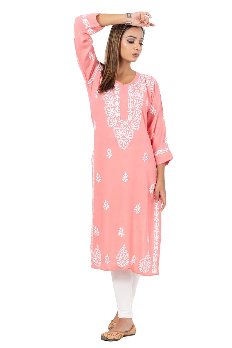 Fabnuma Handcrafted  Peach Chikankari Rayon Cotton Kurti - Fabnuma