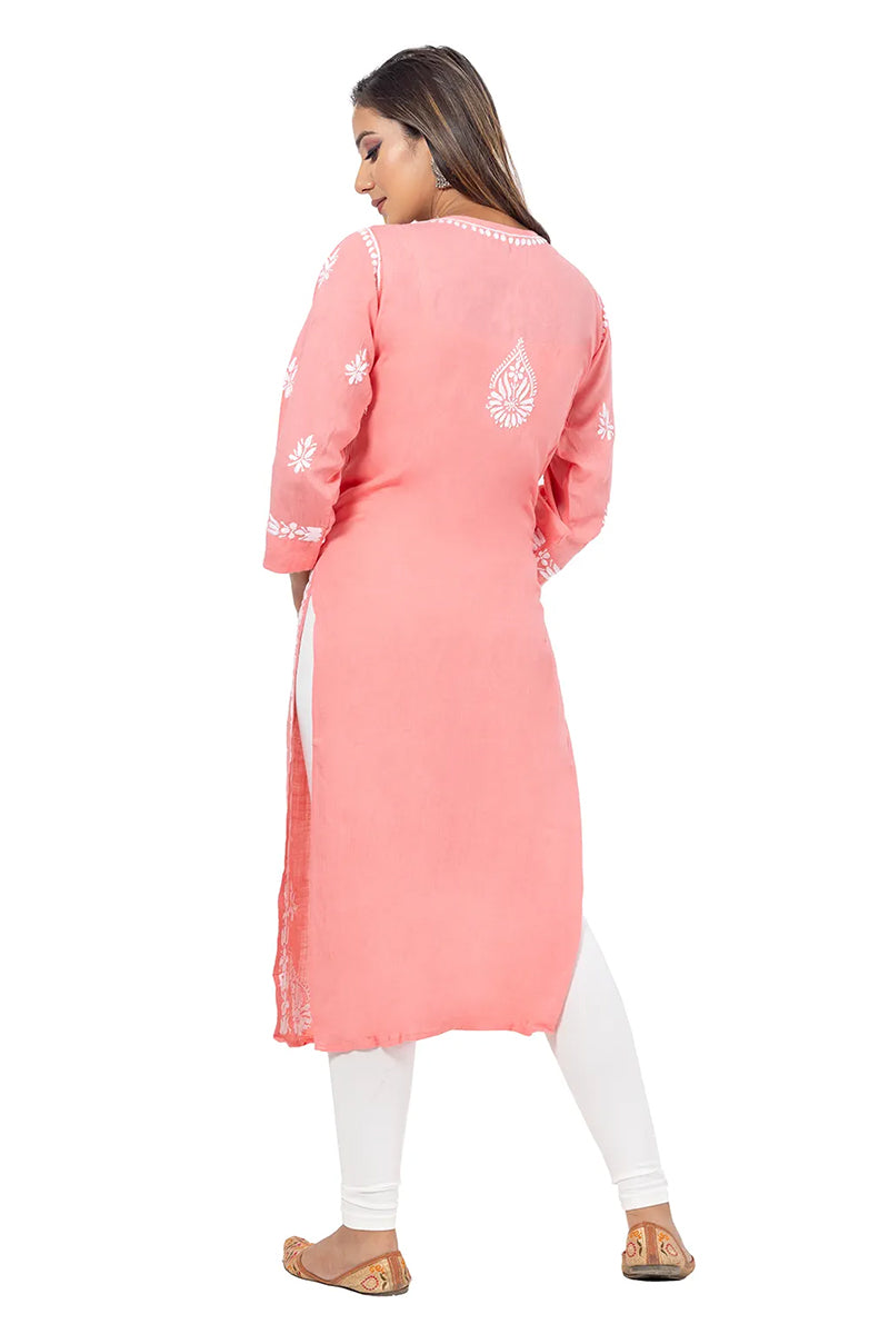Fabnuma Handcrafted  Peach Chikankari Rayon Cotton Kurti - Fabnuma