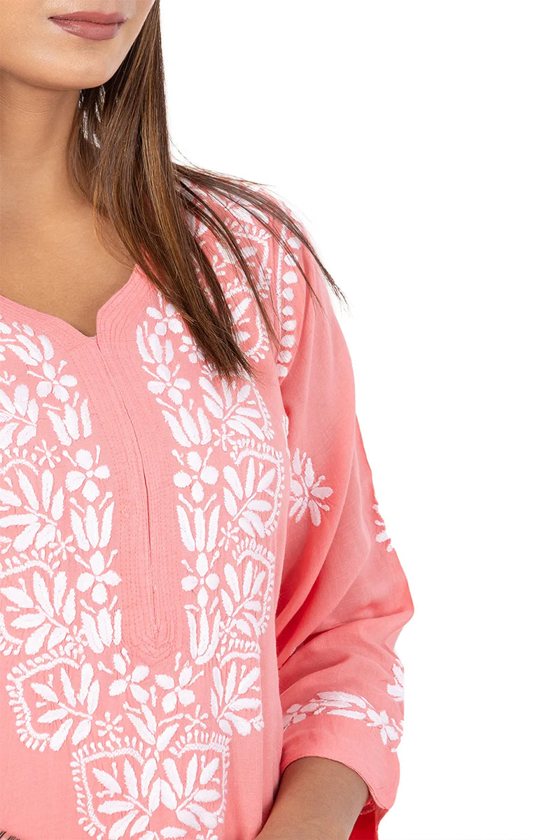 Fabnuma Handcrafted  Peach Chikankari Rayon Cotton Kurti - Fabnuma