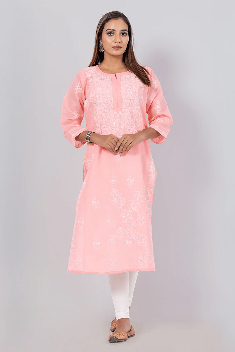 Fabnuma Handcrafted  Chikankari Peach Cotton Kurti - Fabnuma
