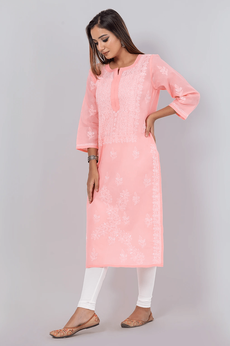 Fabnuma Handcrafted  Chikankari Peach Cotton Kurti - Fabnuma