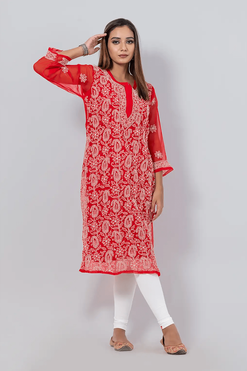 Fabnuma Handcrafted  Chikankari Red Georgette Kurti - Fabnuma