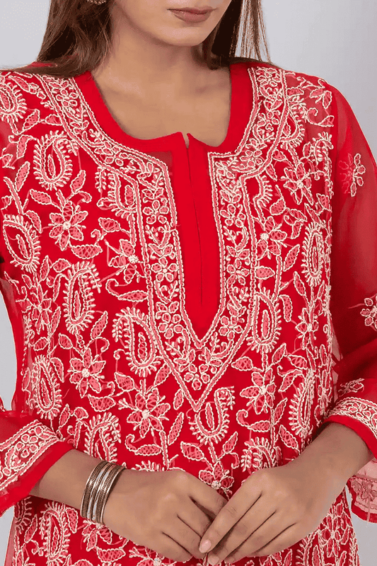 Fabnuma Handcrafted Chikankari Red Georgette Kurti - Fabnuma