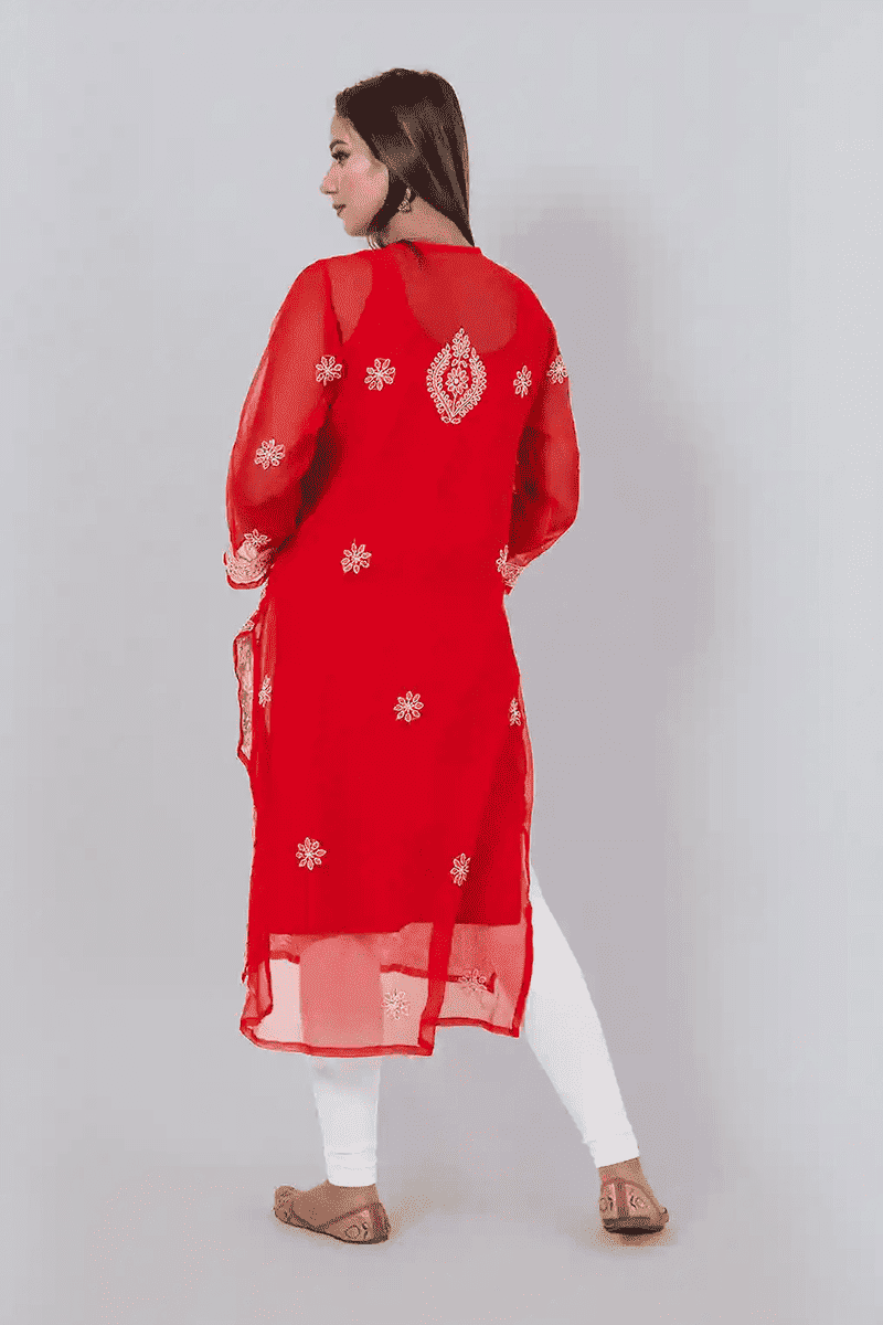 Fabnuma Handcrafted Chikankari Red Georgette Kurti - Fabnuma