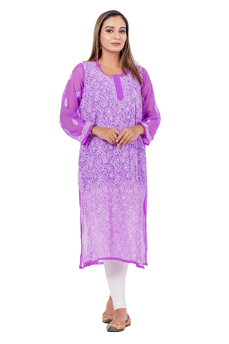 Fabnuma Handcrafted  Purple Chikankari Georgette Kurti - Fabnuma