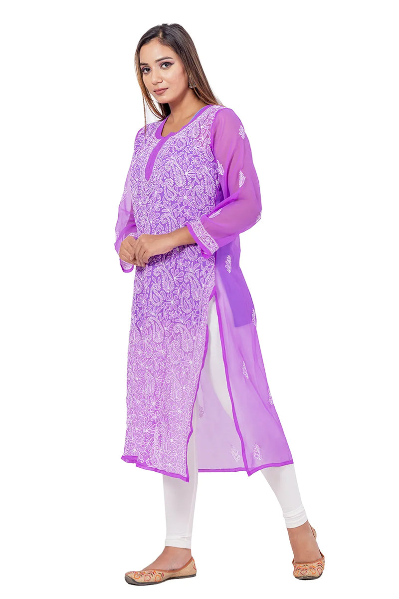 Fabnuma Handcrafted  Purple Chikankari Georgette Kurti - Fabnuma