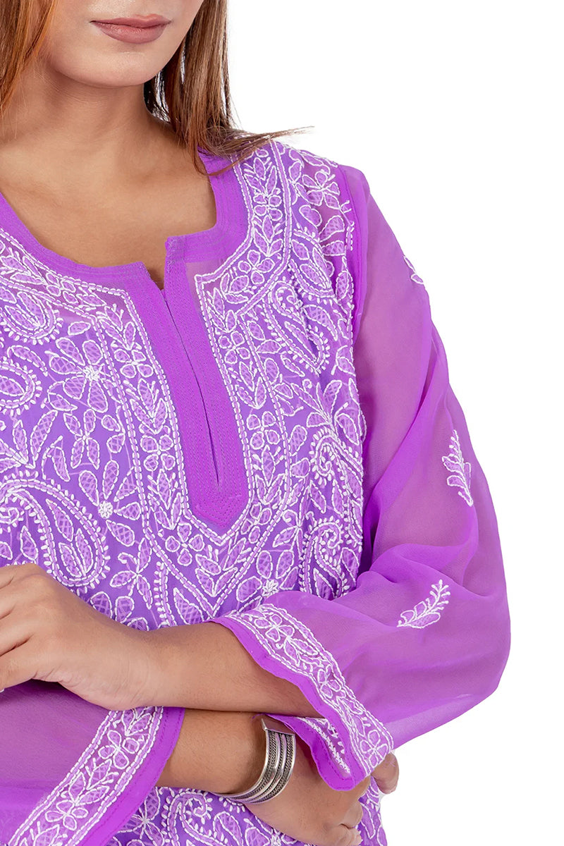 Fabnuma Handcrafted  Purple Chikankari Georgette Kurti - Fabnuma