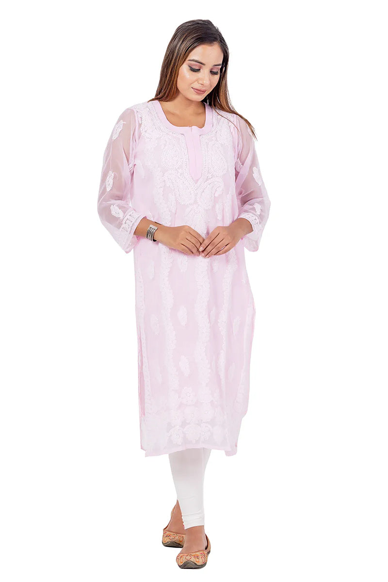 Fabnuma Handcrafted  Baby Pink Chikankari Georgette Kurti - Fabnuma