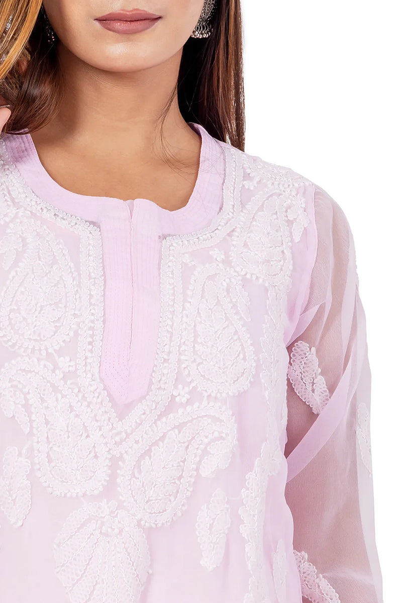 Fabnuma Handcrafted  Baby Pink Chikankari Georgette Kurti - Fabnuma