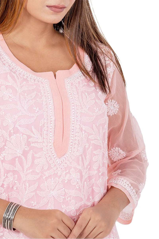 Fabnuma Handcrafted Chikankari Peach Georgette Short Kurti - Fabnuma