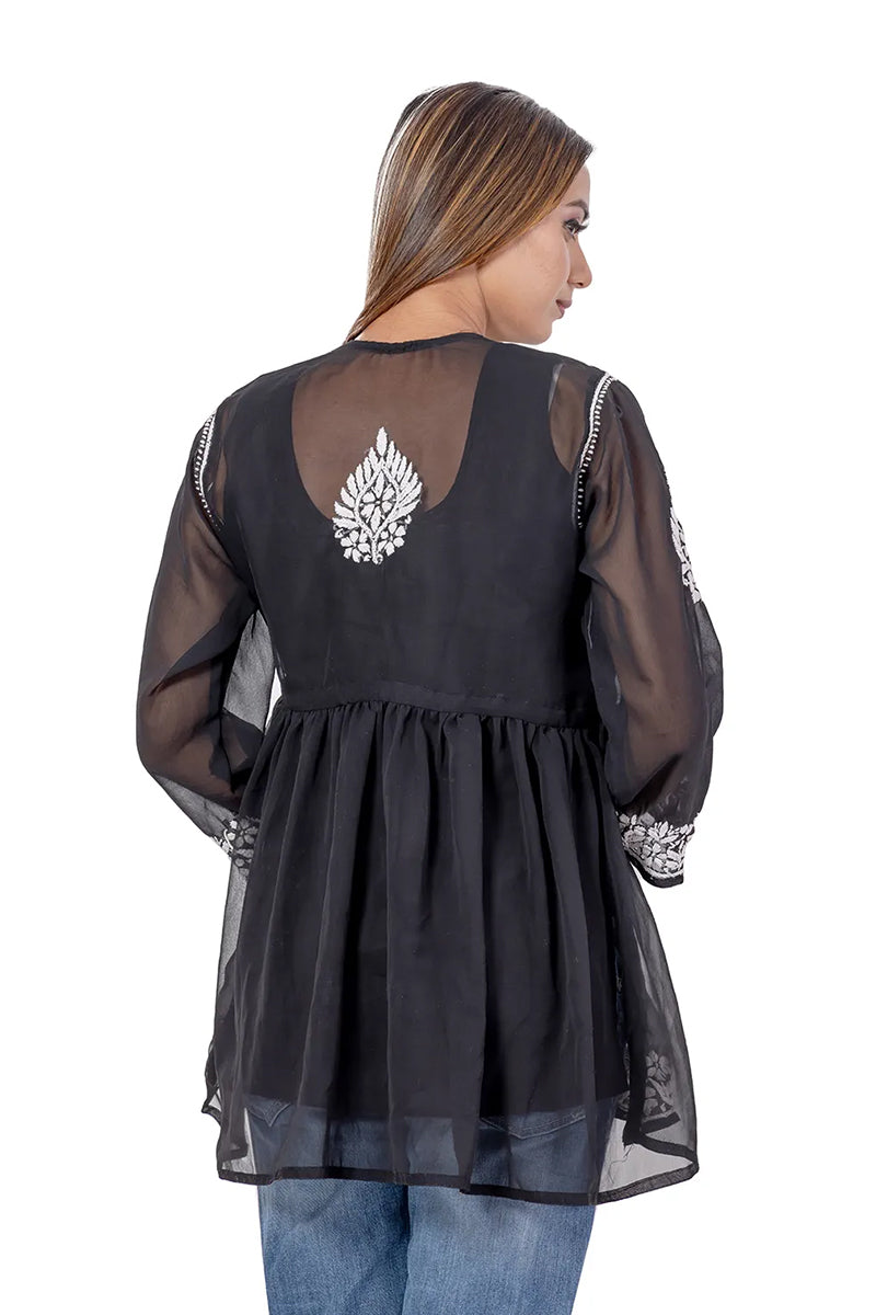 Fabnuma Handcrafted Chikankari Black Georgette Short Tops with intricate white embroidery and sheer long sleeves.