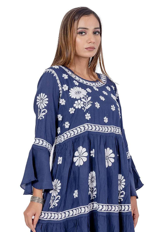 Fabnuma Handcrafted Blue Rayon Cotton Chikankari A-Line Kurta Bottom Set - Fabnuma
