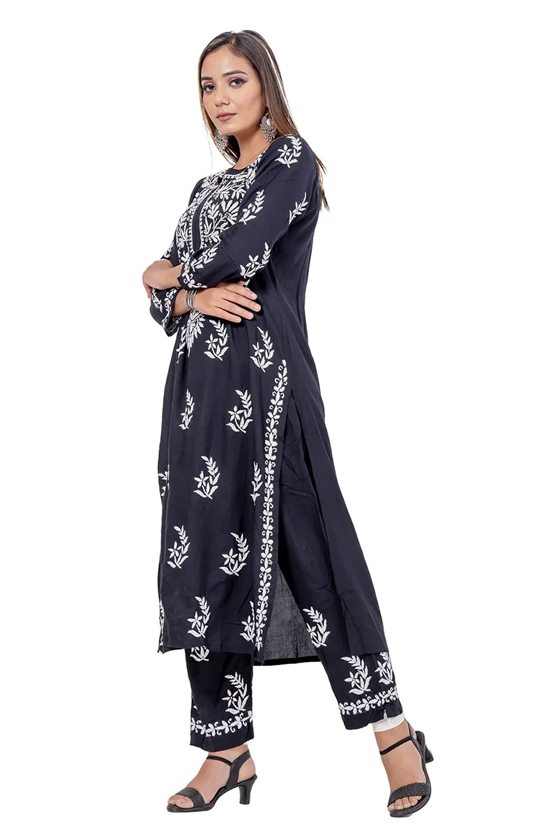 Fabnuma Handcrafted Black Rayon Cotton Chikankari Kurta Bottom Set - Fabnuma