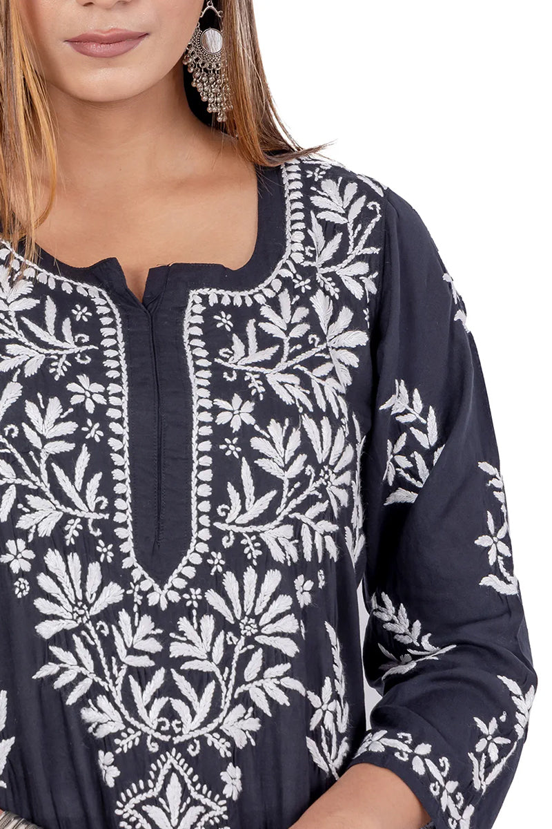 Fabnuma Handcrafted Black Rayon Cotton Chikankari Kurta Bottom Set - Fabnuma