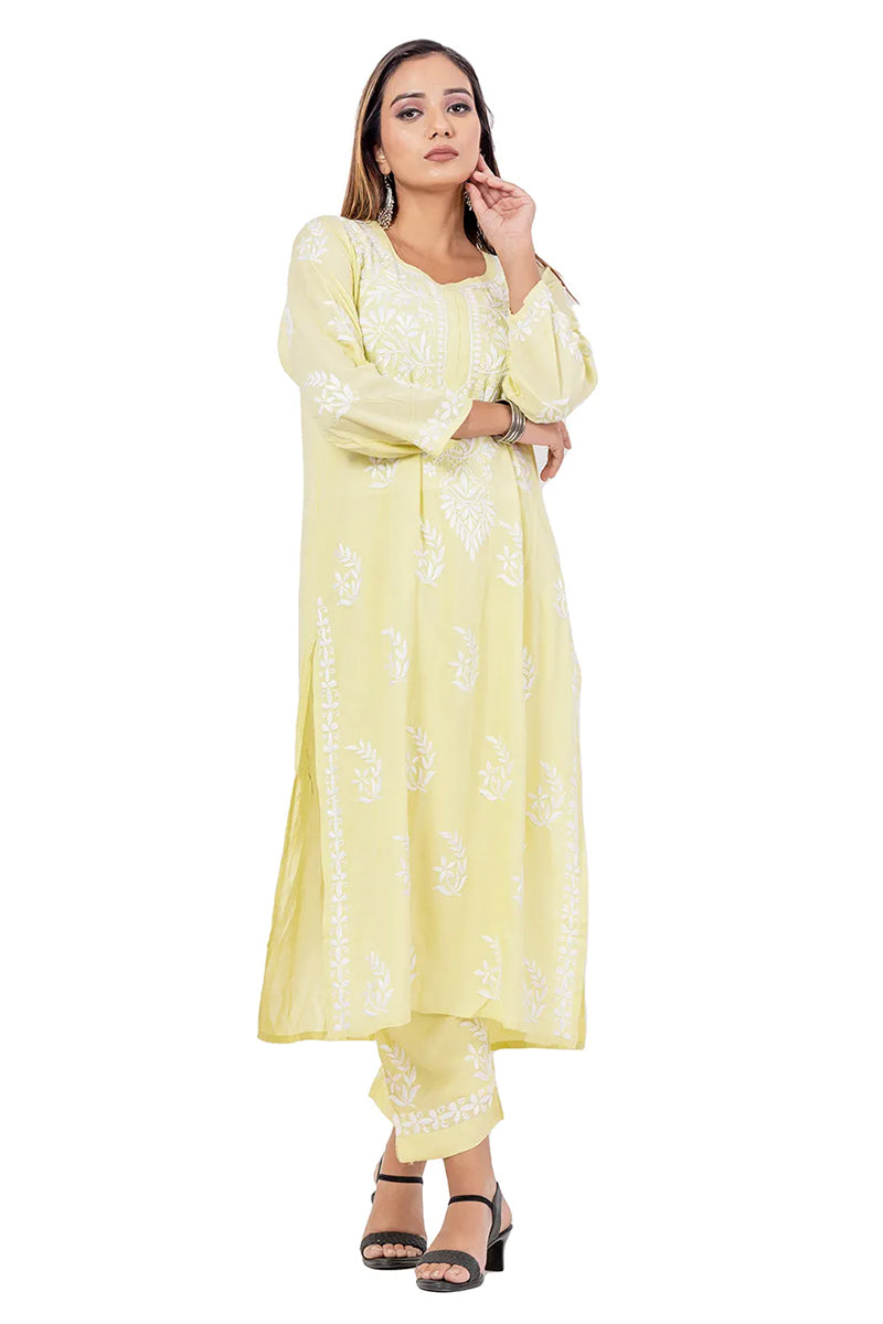 Fabnuma Handcrafted Lemon Rayon Cotton Chikankari Kurta Bottom Set - Fabnuma