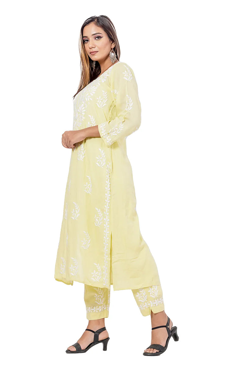 Fabnuma Handcrafted Lemon Rayon Cotton Chikankari Kurta Bottom Set - Fabnuma