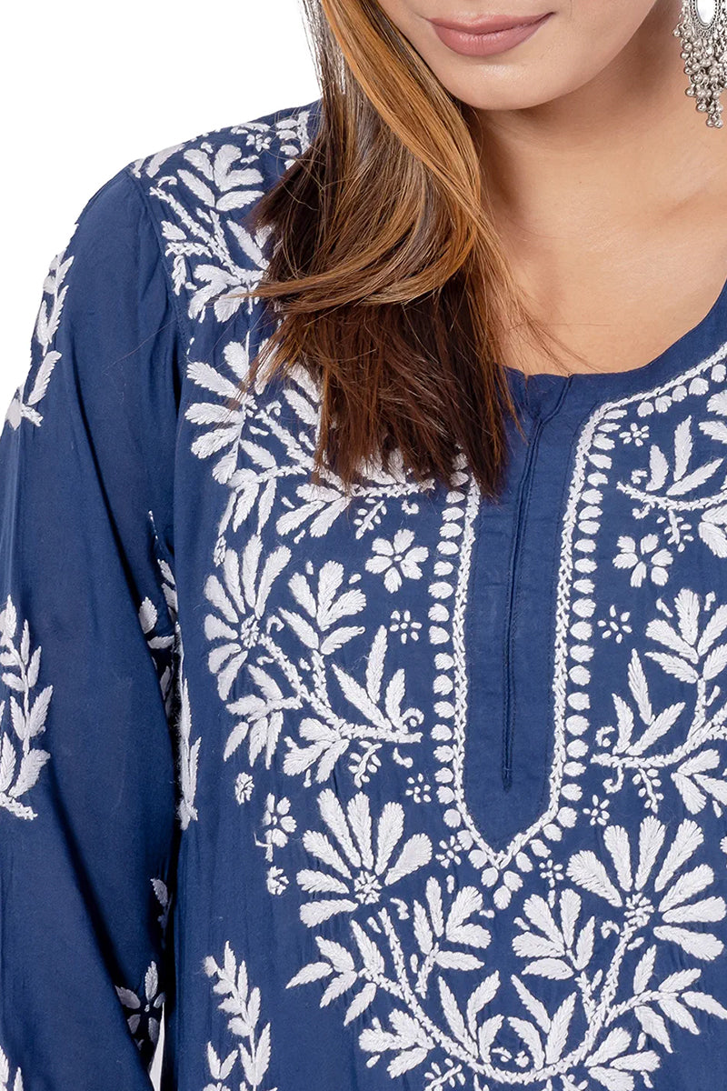 Fabnuma Handcrafted Blue Rayon Cotton Chikankari Kurta Bottom Set - Fabnuma